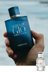 Comment Trouver le Meilleur Clone Acqua Di Giò Profumo : Le Guide de l'Expert 2 Flacon de parfum de créateur de luxe face à un équivalent direct usine, illustrant la différence de packaging mais une concentration olfactive similaire.