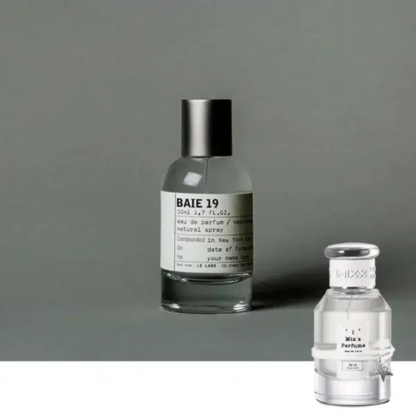 Comparaison visuelle entre le flacon original Le Labo Baie 19 et une alternative de parfum pétrichor fabriquée en laboratoire