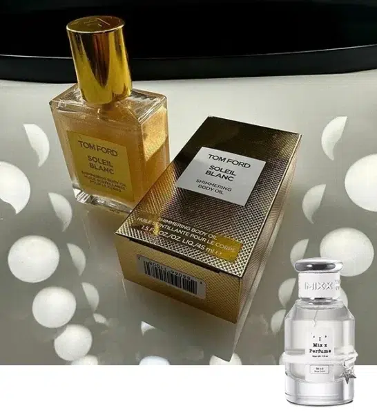 Comparaison de prix et de packaging entre le parfum de luxe original Soleil Neige et son équivalent abordable en laboratoire.
